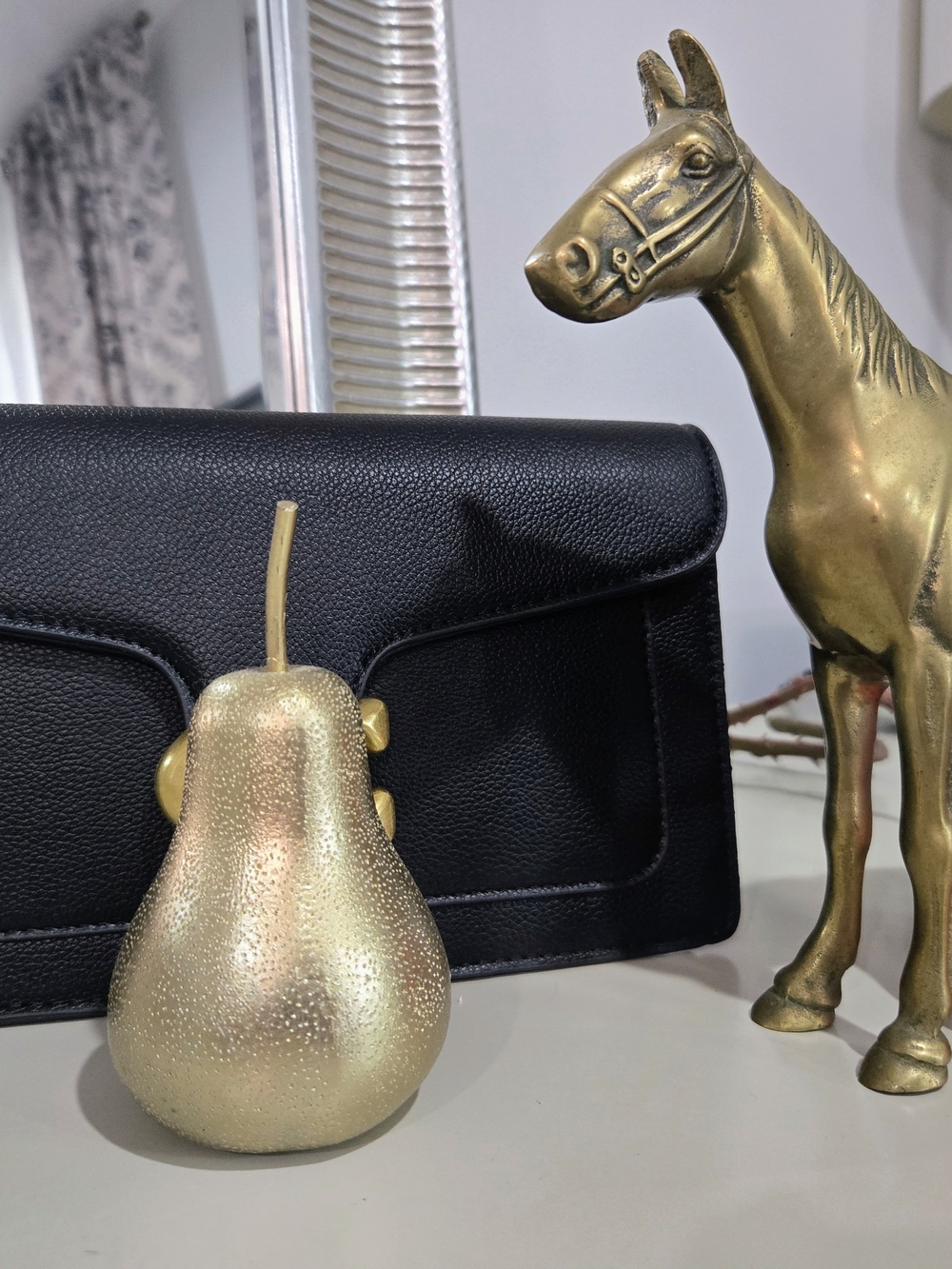 Black Pebble Grain Messenger Bag with Gold Clasp & Double Strap